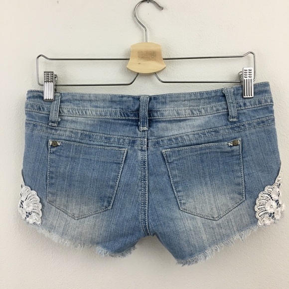 Hot Kiss | Blue Denim & Lace Jean Shorts - Picture 3 of 7